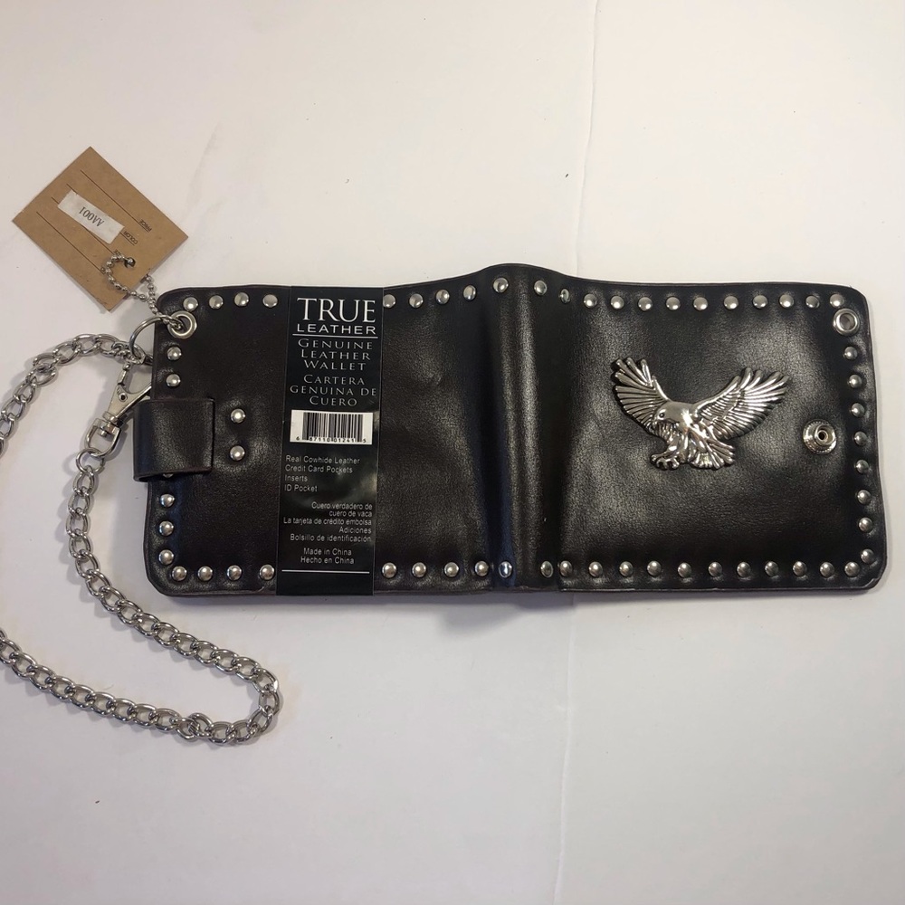 0026 Leather wallet very dark brown studded eagle